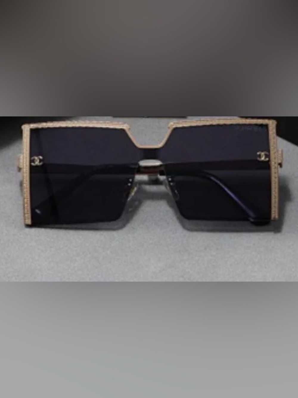 Luxury Designer Chanel Gold Oversized Square Rhinestones Black Lens Sunglasses